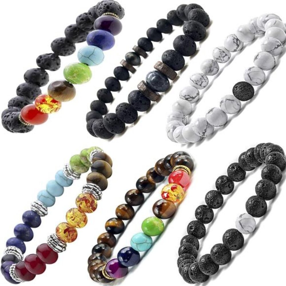 Lava Stone 7 Chakra Bracelets, 8mm Yinyang Rock Bead Elastic Natural Gemstones